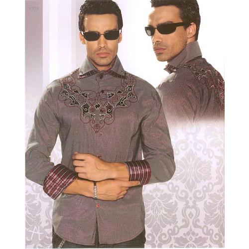 Apricottree Taupe/Wine Pinstripes With Silver Lurex & Wine Embroidery Double Collar Long Sleeves Cotton Shirt AT1333